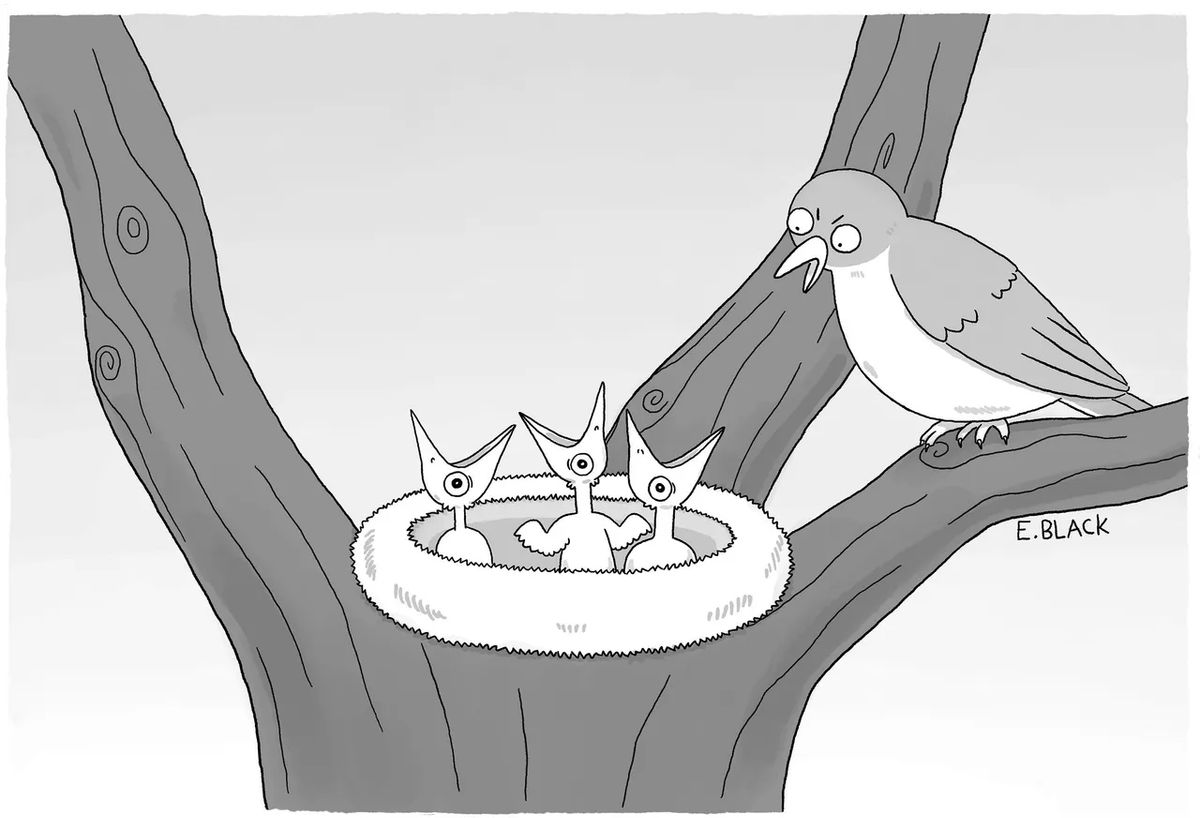 A cartoon showing a mother bird feeding her chicks.
