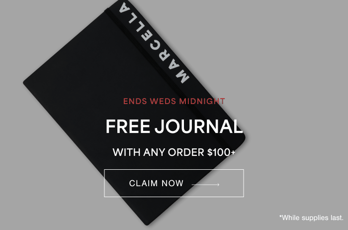 Marcella-branded journal is shown with the offer text “Free Journal with any order $100+” and “Ends Weds Midnight.”