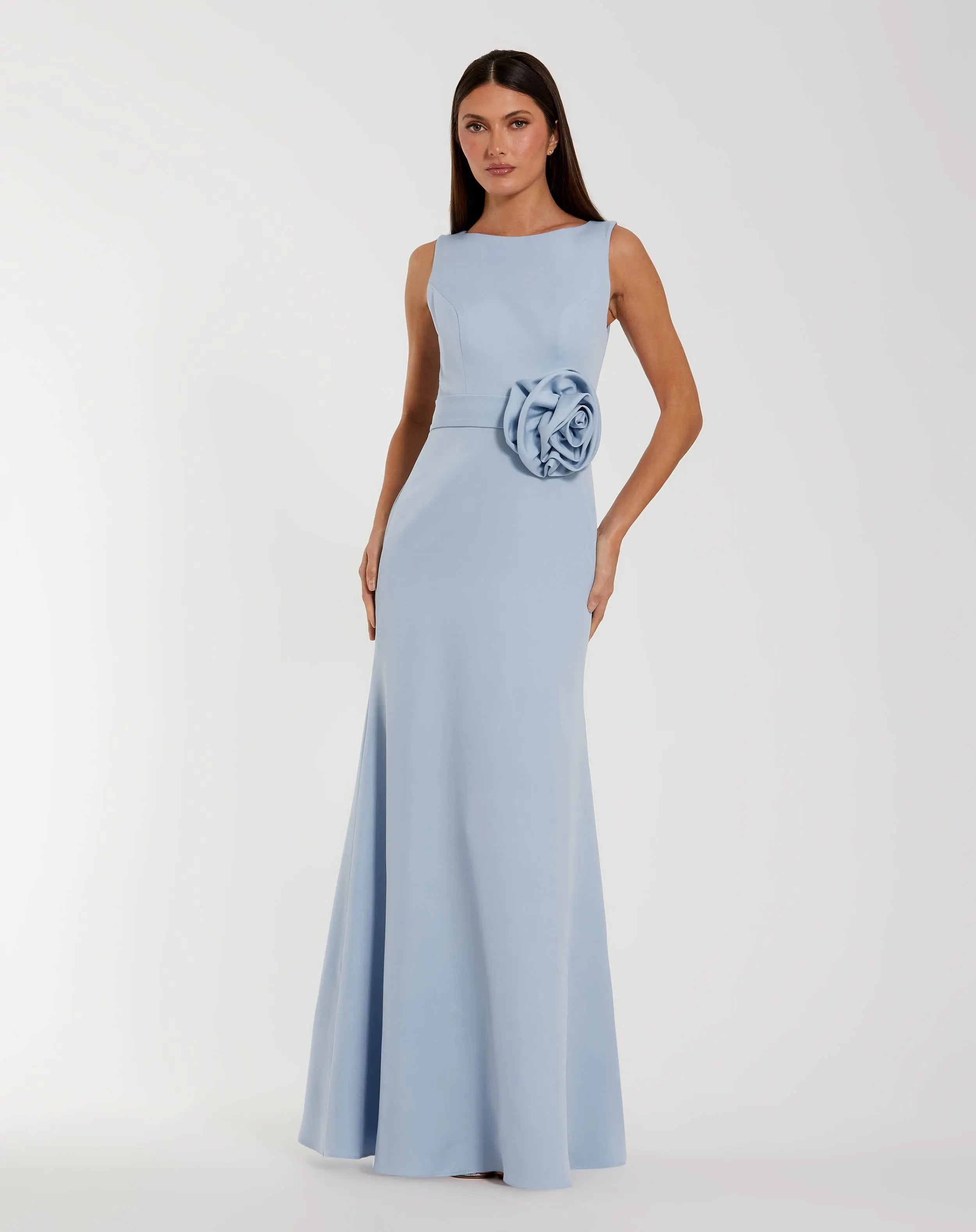 Image of Blue Boat Neck Crepe A Line Gown With Flower