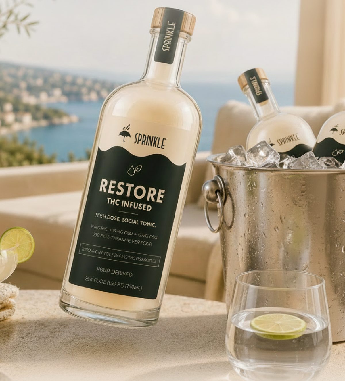 A bottle of Restore THC infused tonic next to a glass of water and ice bucket.
