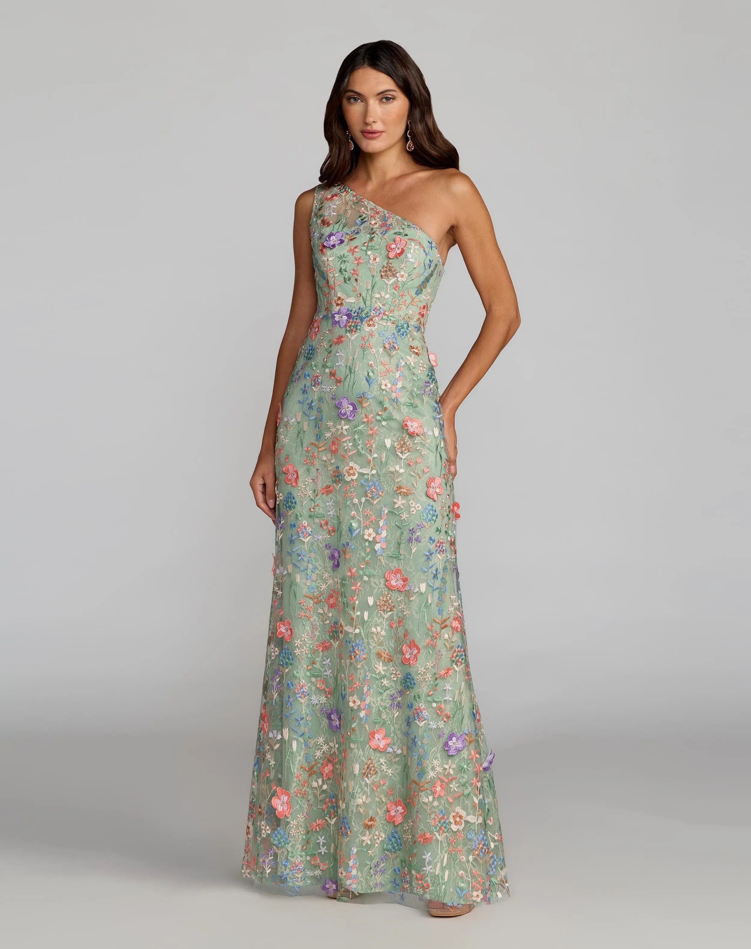Image of Green One Shoulder Floral Embroidered Gown