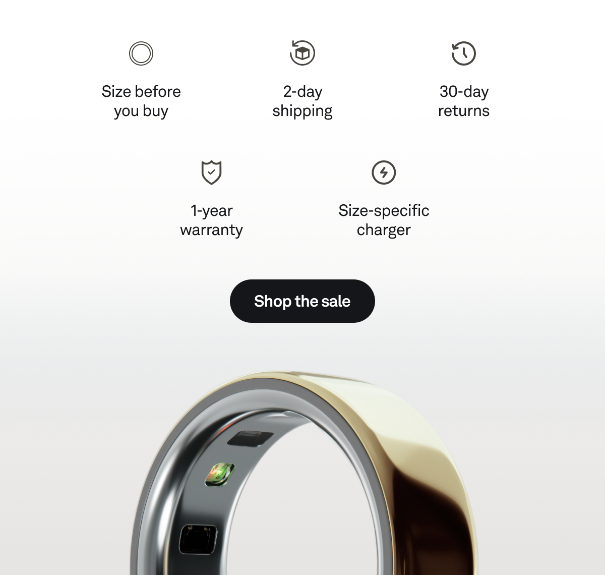Oura Ring 4 purchase benefits: Size before you buy, 2-day shipping, 30-day returns, 1-year warranty, size-specific charger. Shop the sale.