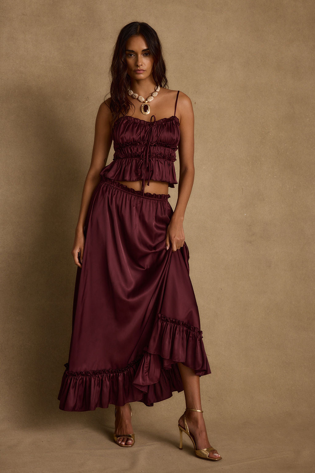 Image of Dahlia Mulberry Satin Maxi Skirt