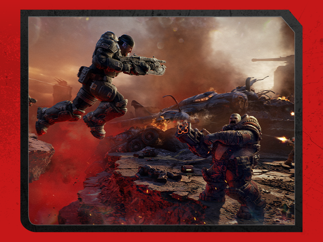 Art for Gears of War: E-Day featuring Marcus leaping into battle against a Boomer Locust.
