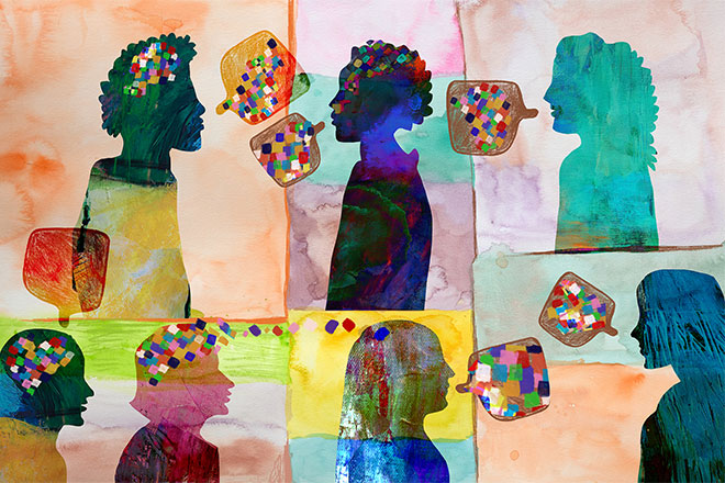 Artwork of different colored silhouettes of people talking to one another, with boxes in speech bubbles.