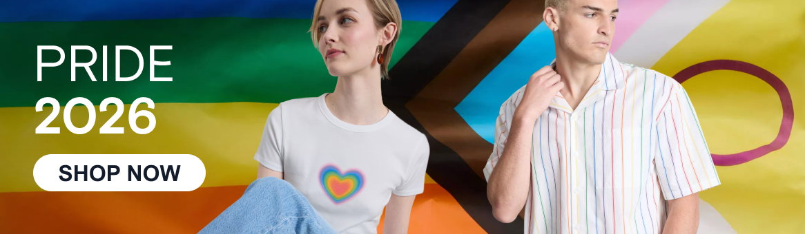 Pride 2026. Shop Now. Woman and man wearing T-shirts from Primark Pride collection.