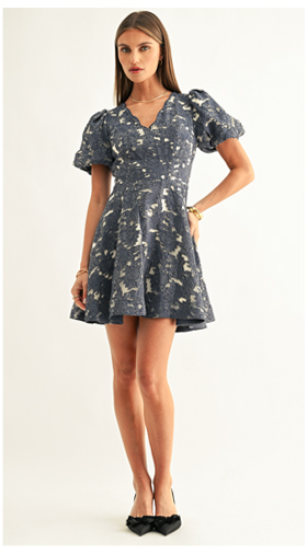 Fern Jacquard Chambray Bubble Sleeves Mini Dress