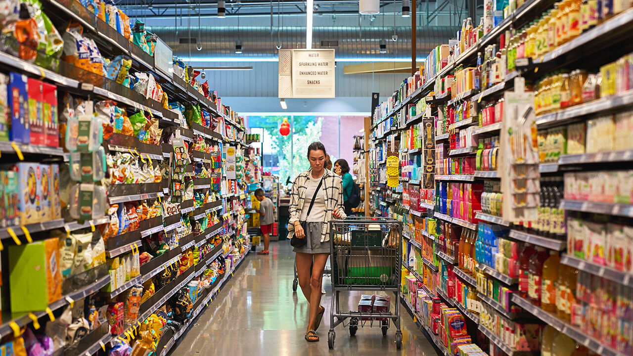 A person shops for groceries at a store in Los Angeles, California, USA.