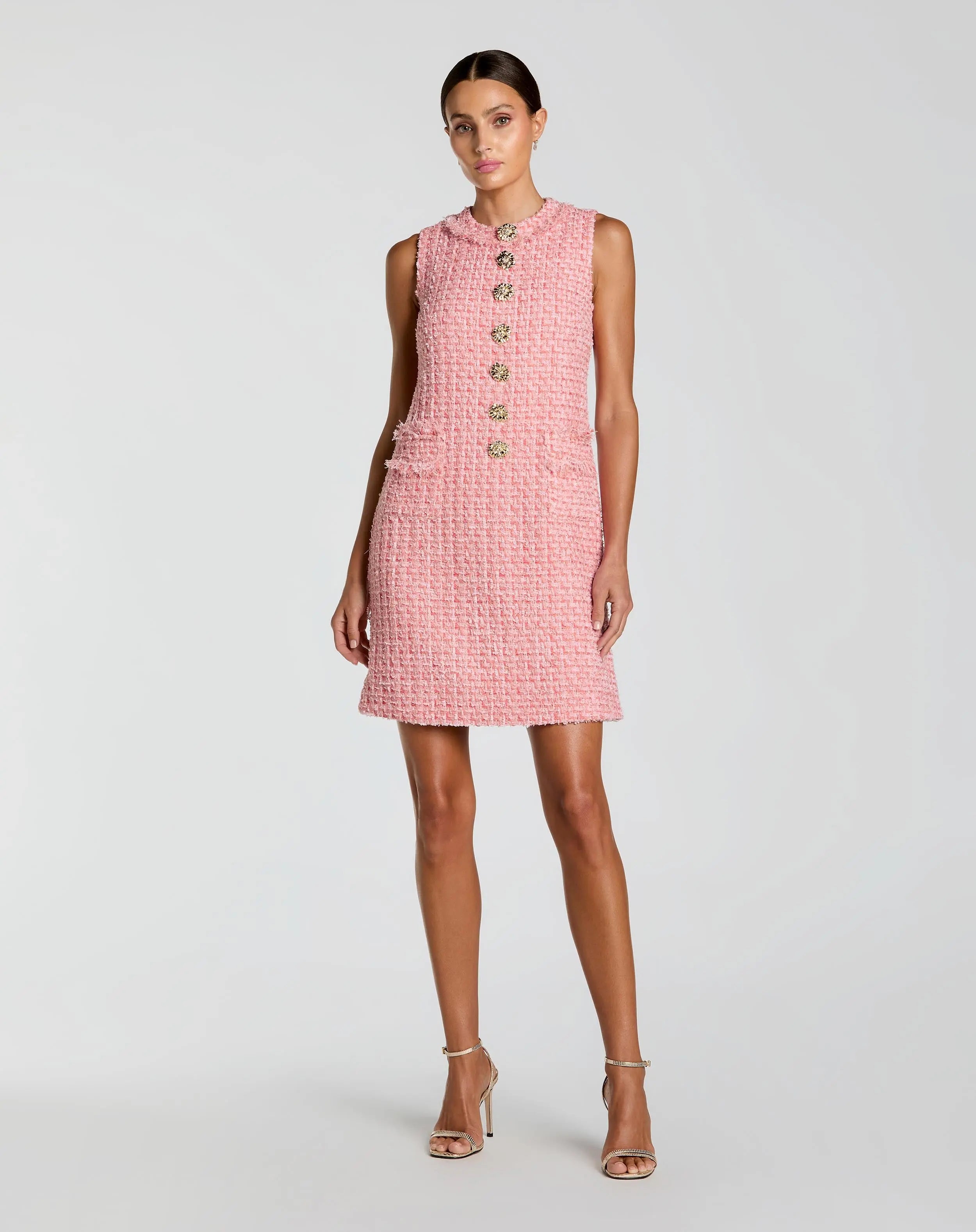 Image of Pink Boucle Sleeveless Mini Dress with Gold Buttons
