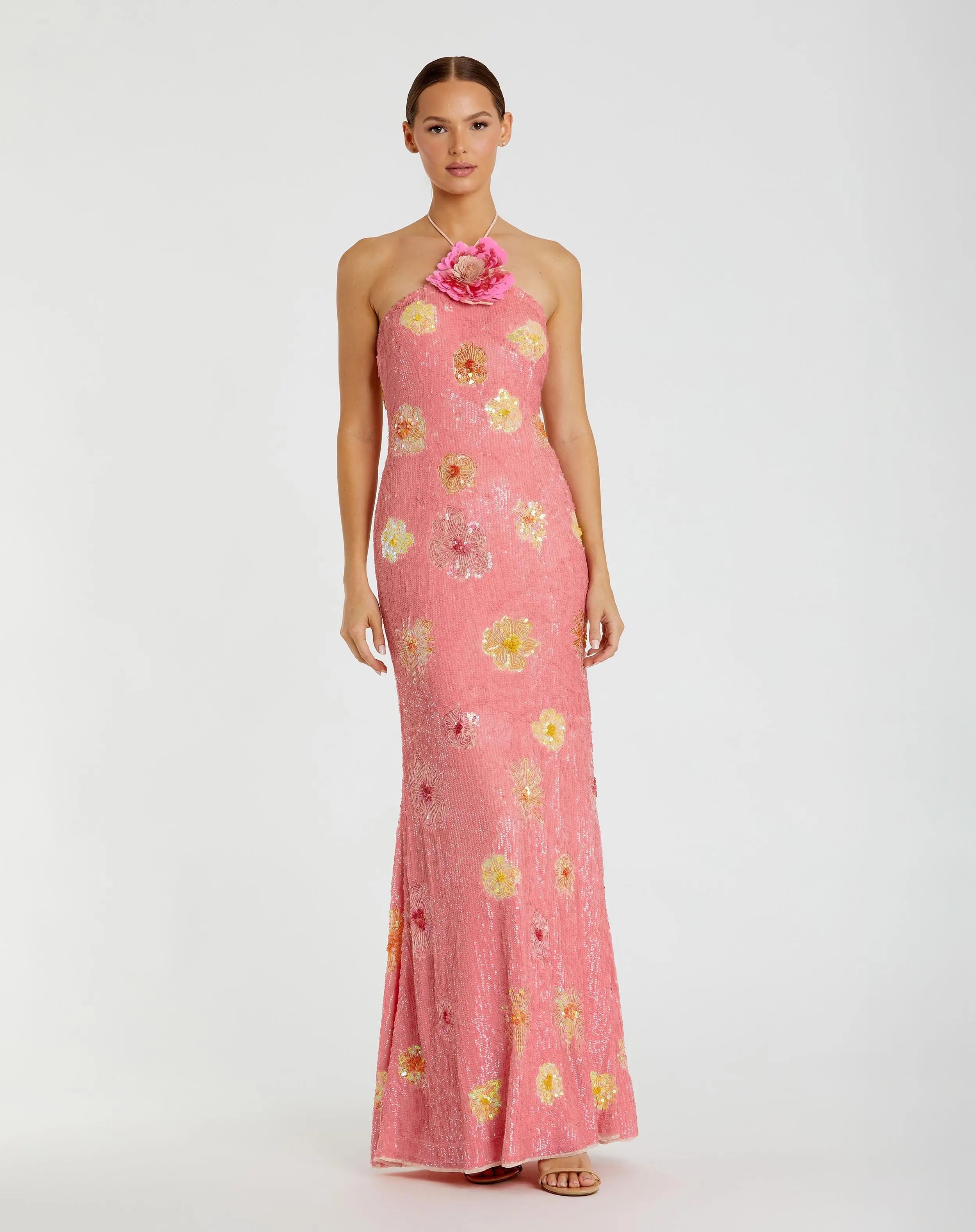 Image of Pink Floral Beaded Halter Gown With 3D Flower
