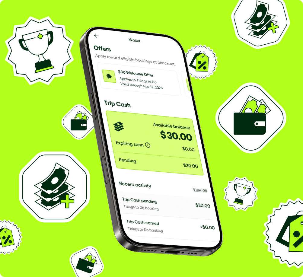 Image Description: A phone with a $30 Trip Cash offer and icons of a trophy, money, and a wallet in the background.
