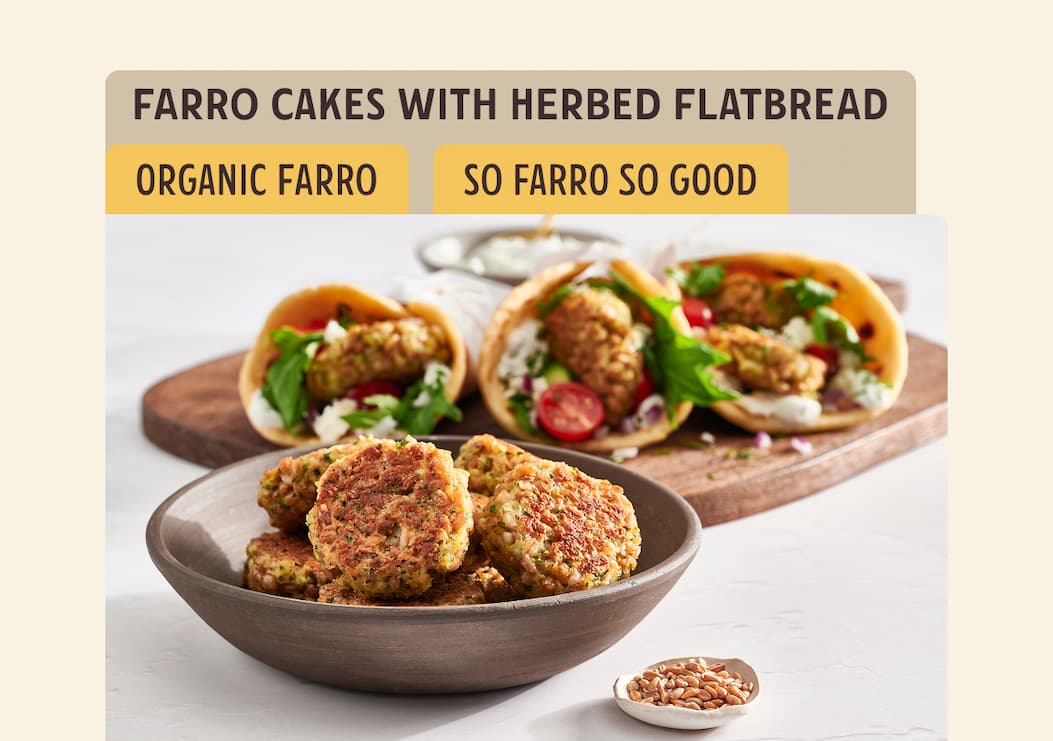 Farro cakes with herbed flatbread