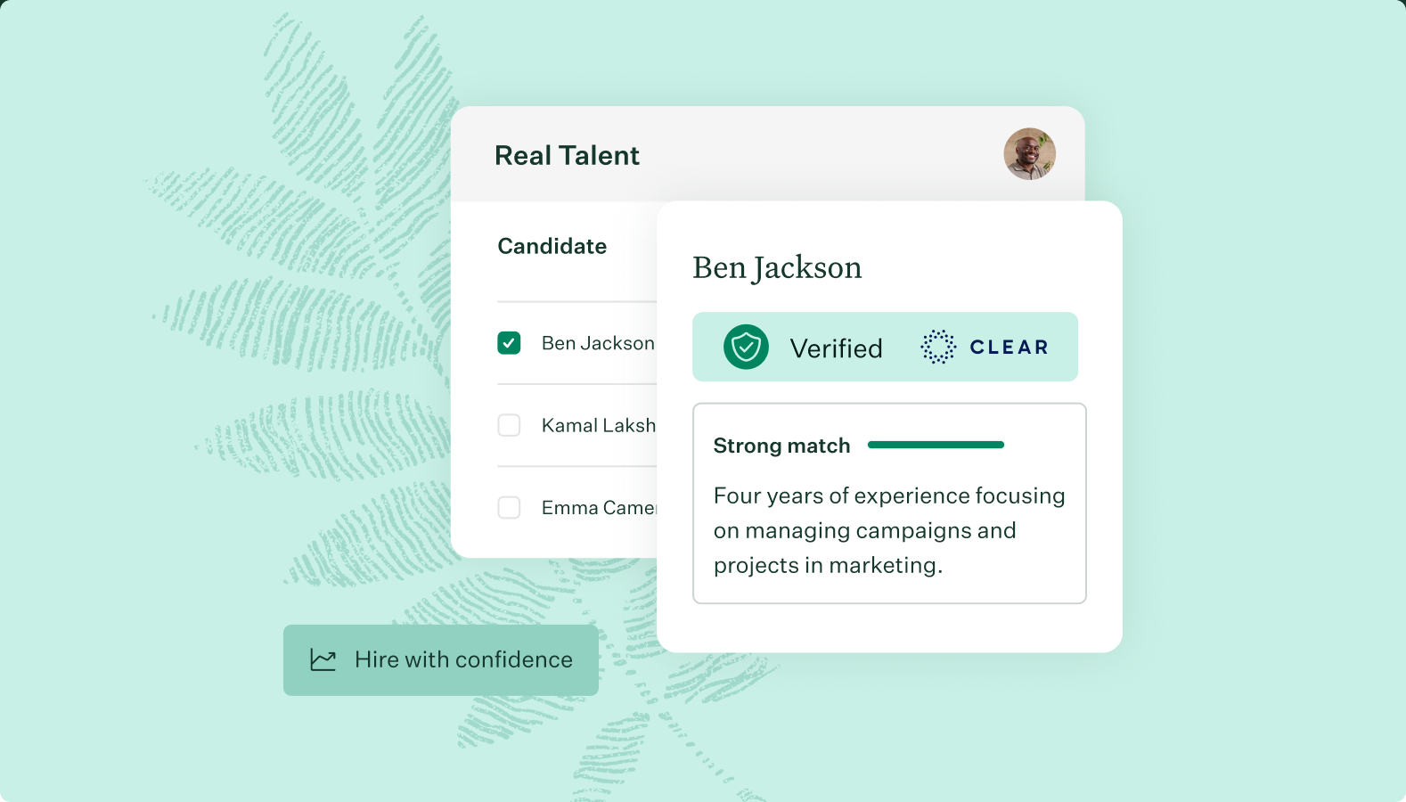 Image-of-Real-Talent-UI-with-hire-with-confidence-pill-on-a-mint-fingerprint-background
