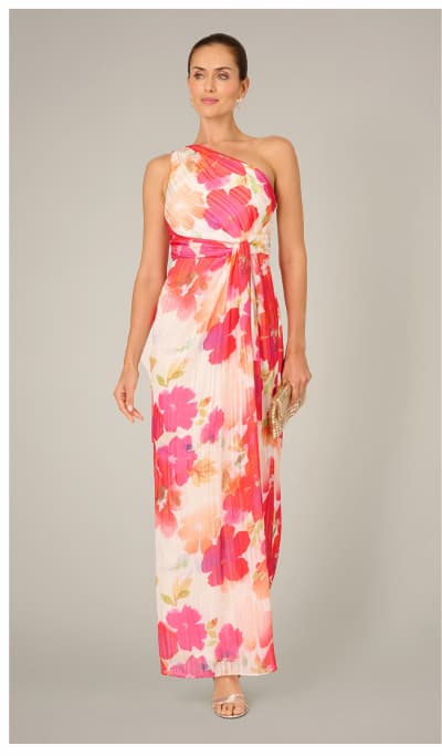 One Shoulder Watercolor Floral Stripe Gown In Ivory Pink Multi
