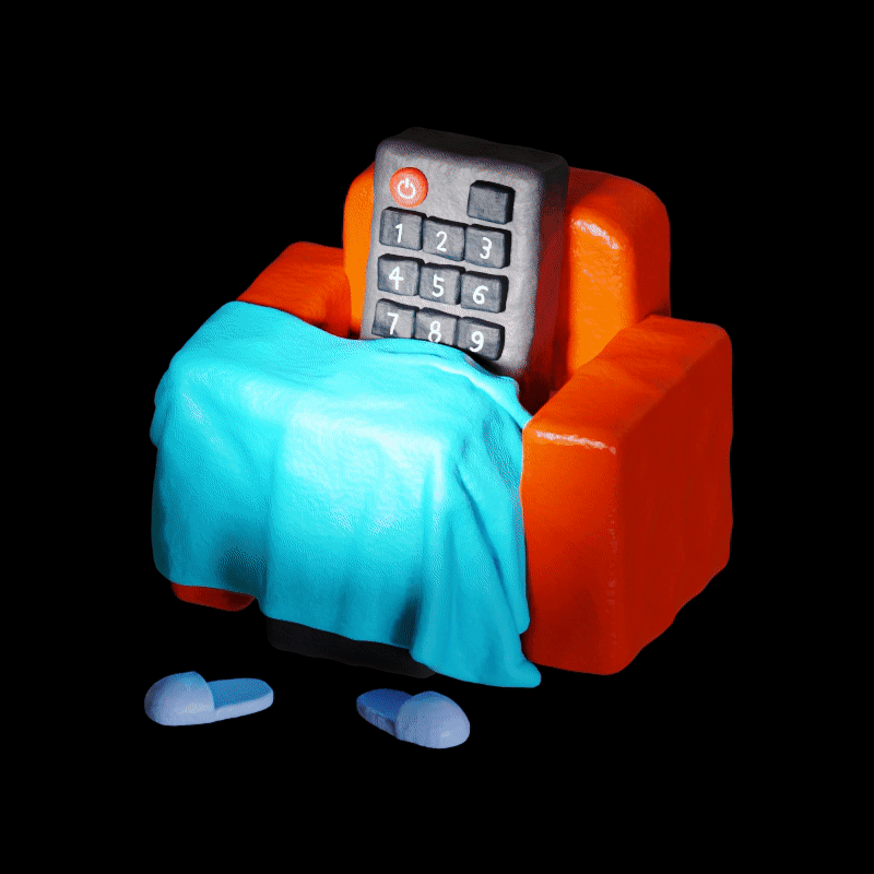 Animation of a remote control on a couch watching TV.