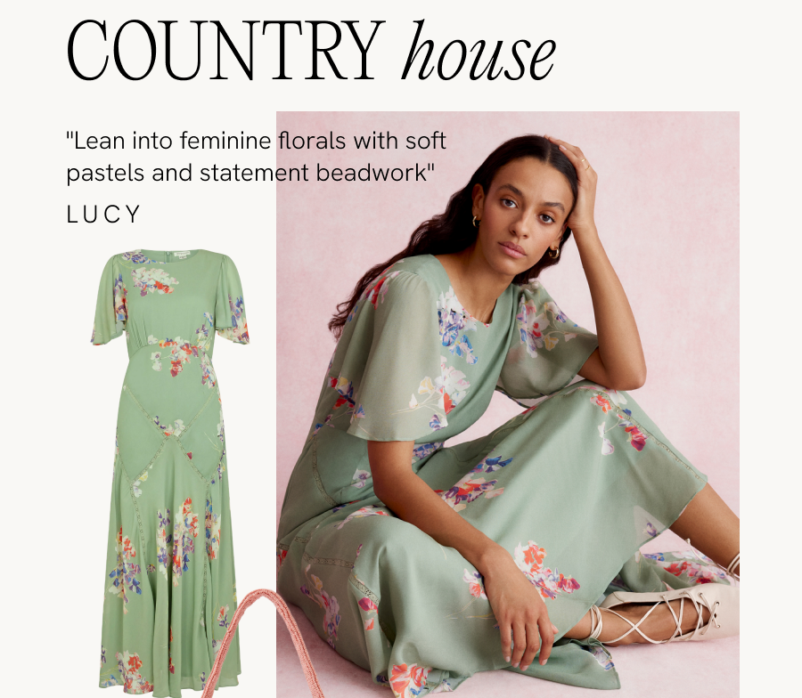 Country house "Lean into feminine florals with soft pastels and statement beadwork" Lucy