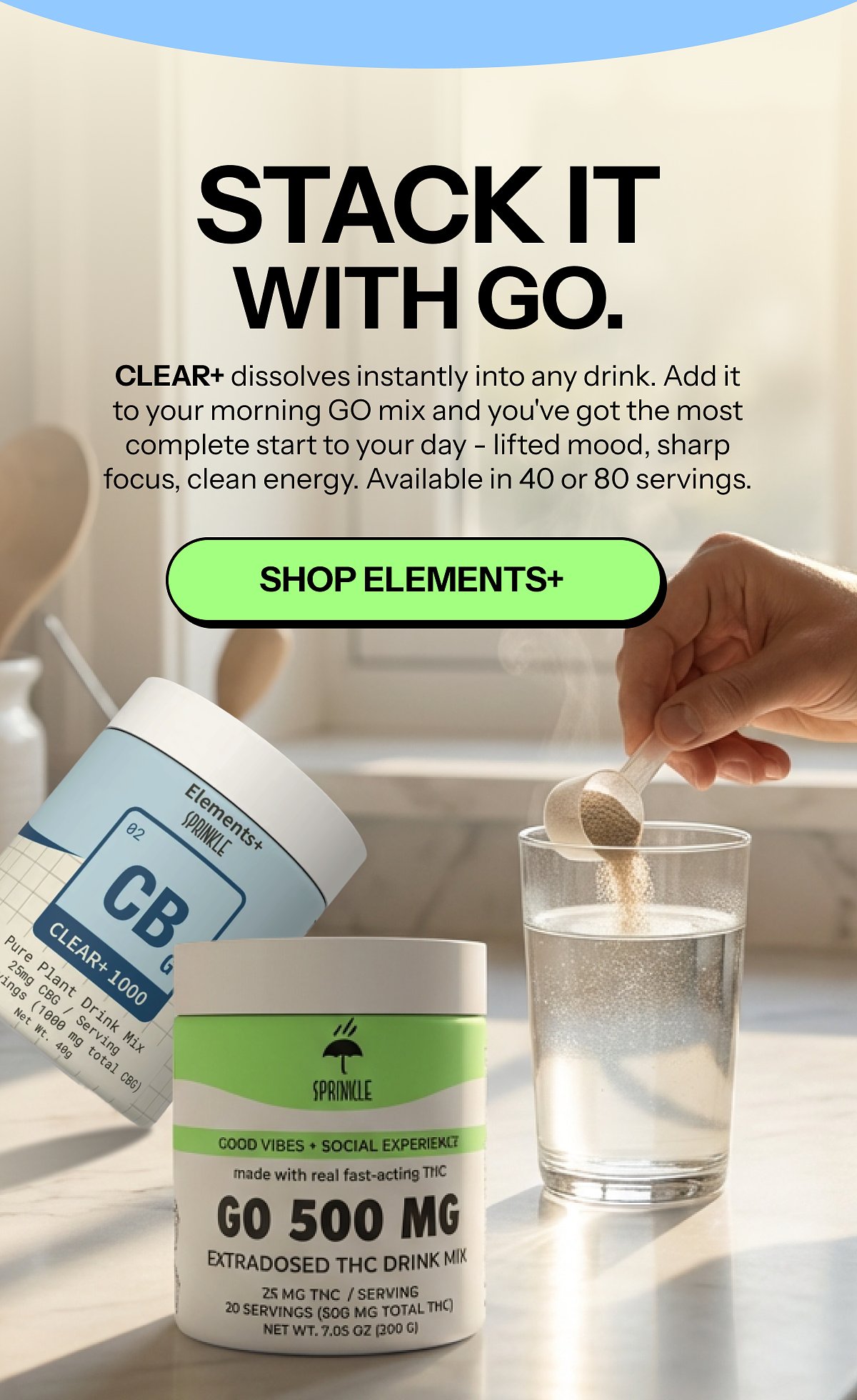 A container of drink mix and a scoop on a kitchen counter with a bright background.