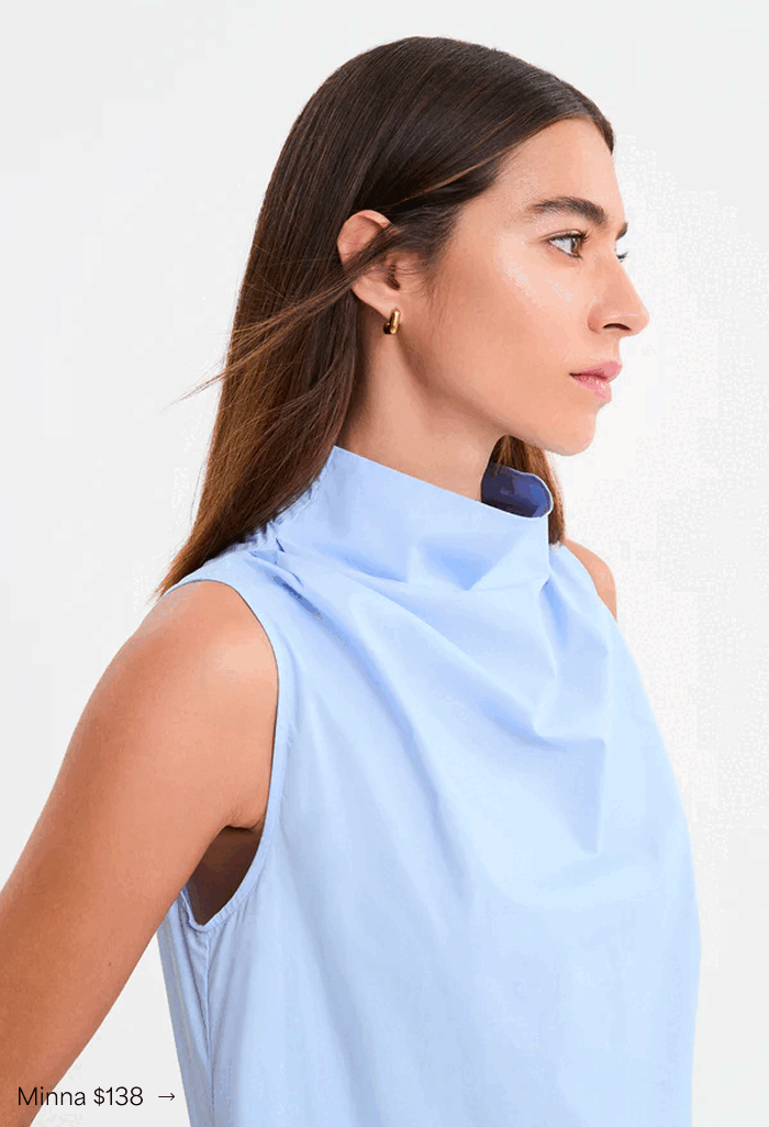 Rocio in The Minna Sleeveless Dress, labeled “Minna $138.”