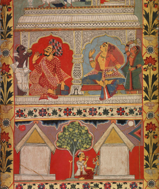 Painted scroll depicting various figures connected to storytelling myth.