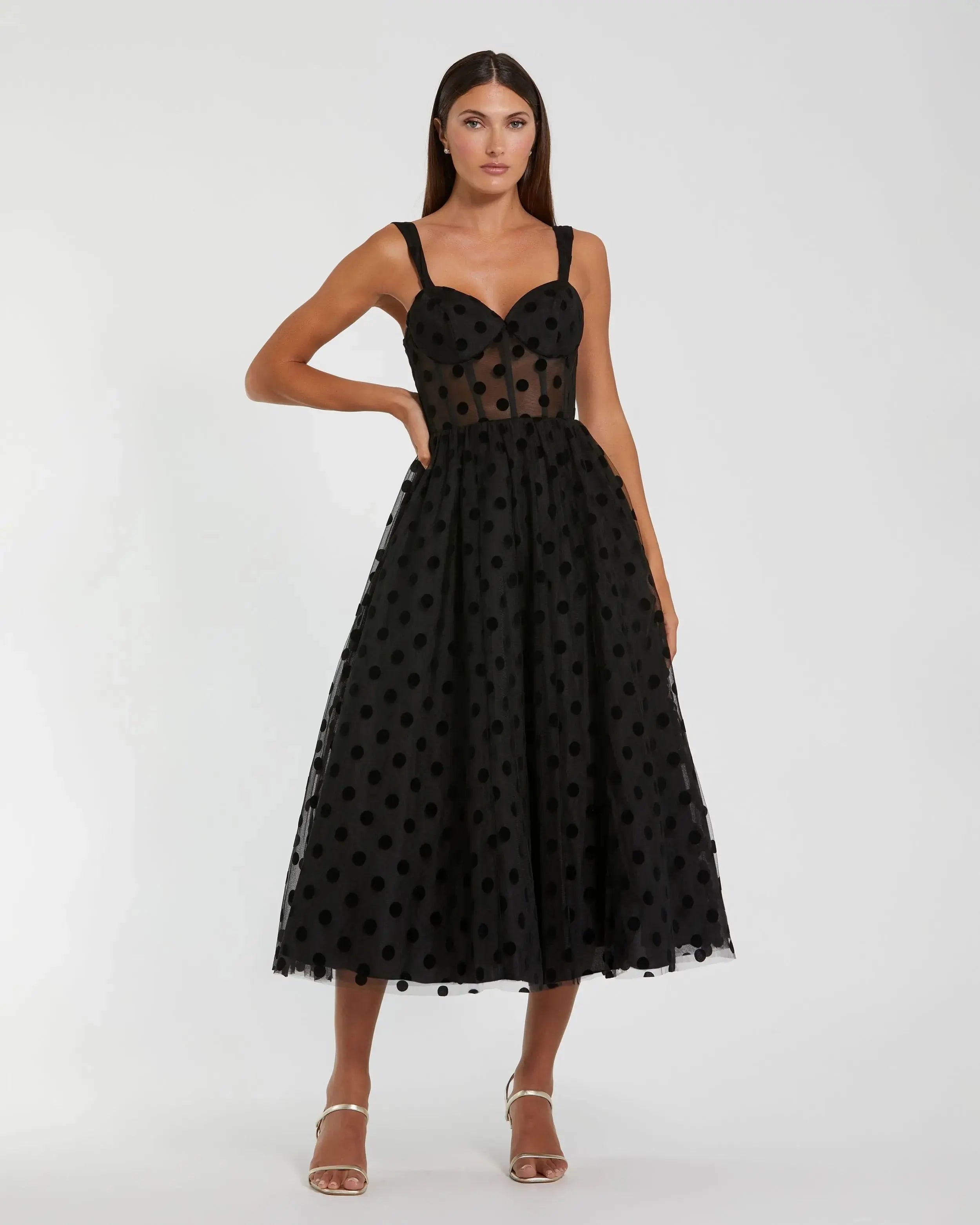 Image of Petite Black Polka Dot Tulle A-Line Midi Dress