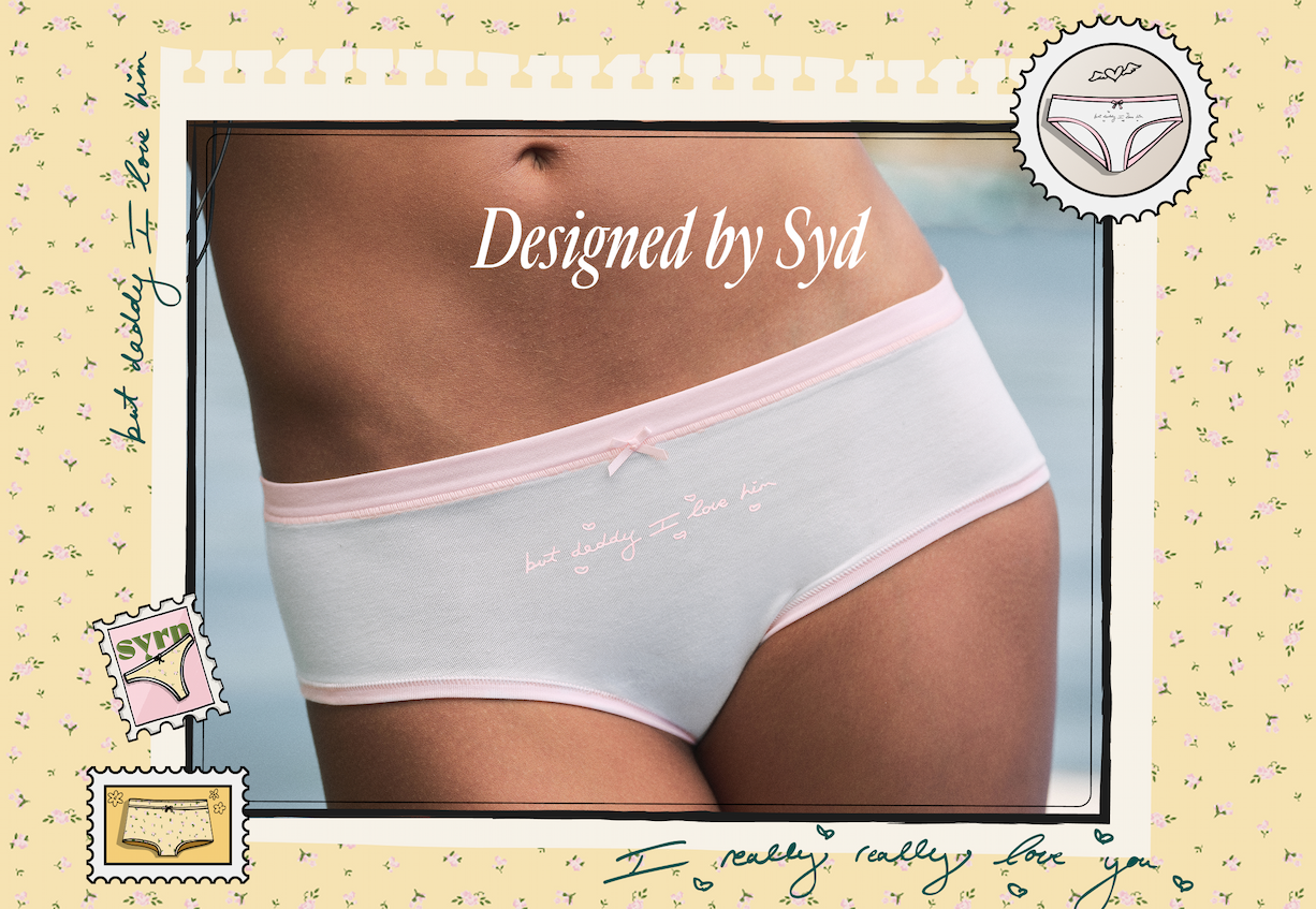 Image of a model wearing a panty with the copy "Designed by Syd" over it