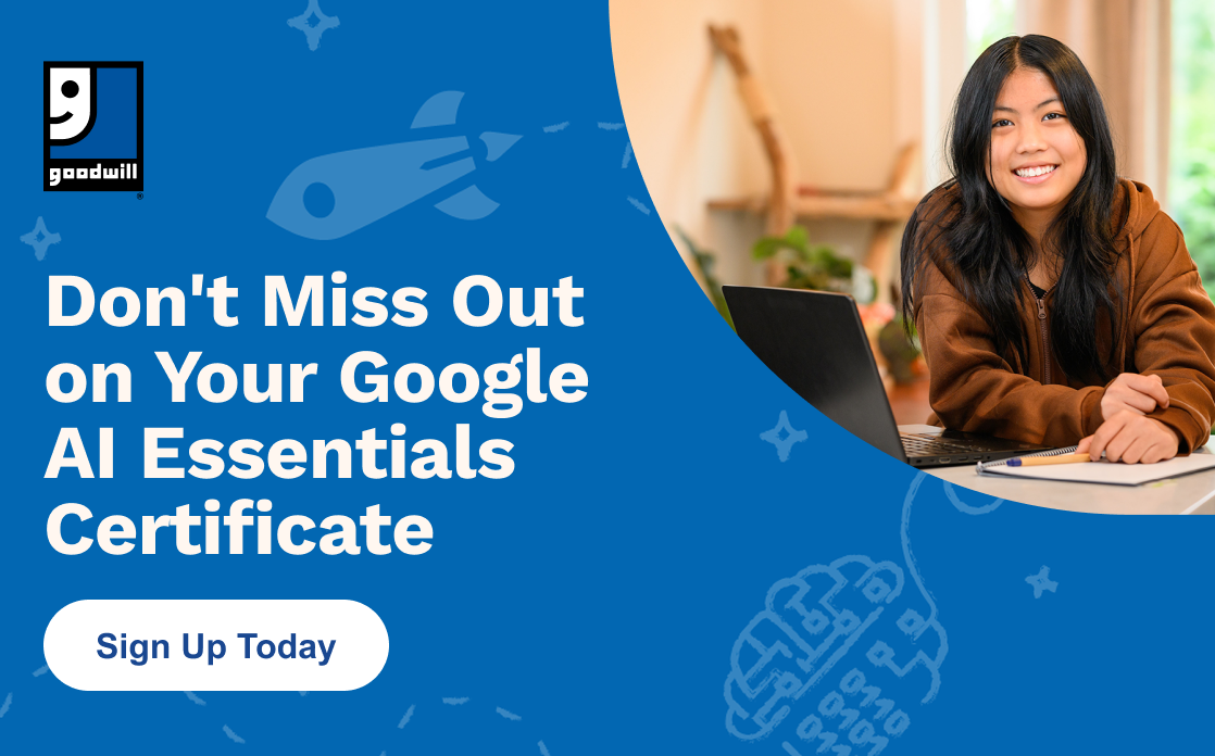 A young woman smiles next to text promoting a Google AI Essentials Certificate: "Don't Miss Out on Your Google AI Essentials Certificate. Sign Up Today"