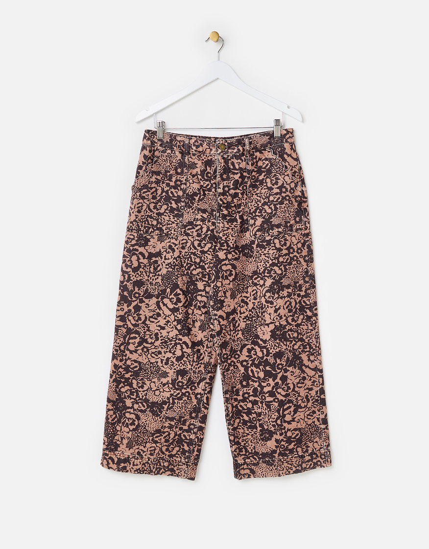 Brown Floral Print Cropped Wide Leg Jeans