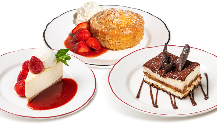 Three plates of Maggiano’s Scratch-made Tiramisu, Gigi’s Butter Cake, and New York Style Cheesecake
