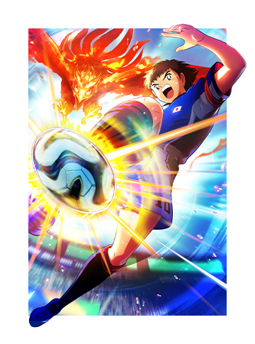 Key art for CAPTAIN TSUBASA 2: WORLD FIGHTERS depicting a soccer player landing a powerful kick to the ball as a phoenix flies overhead.