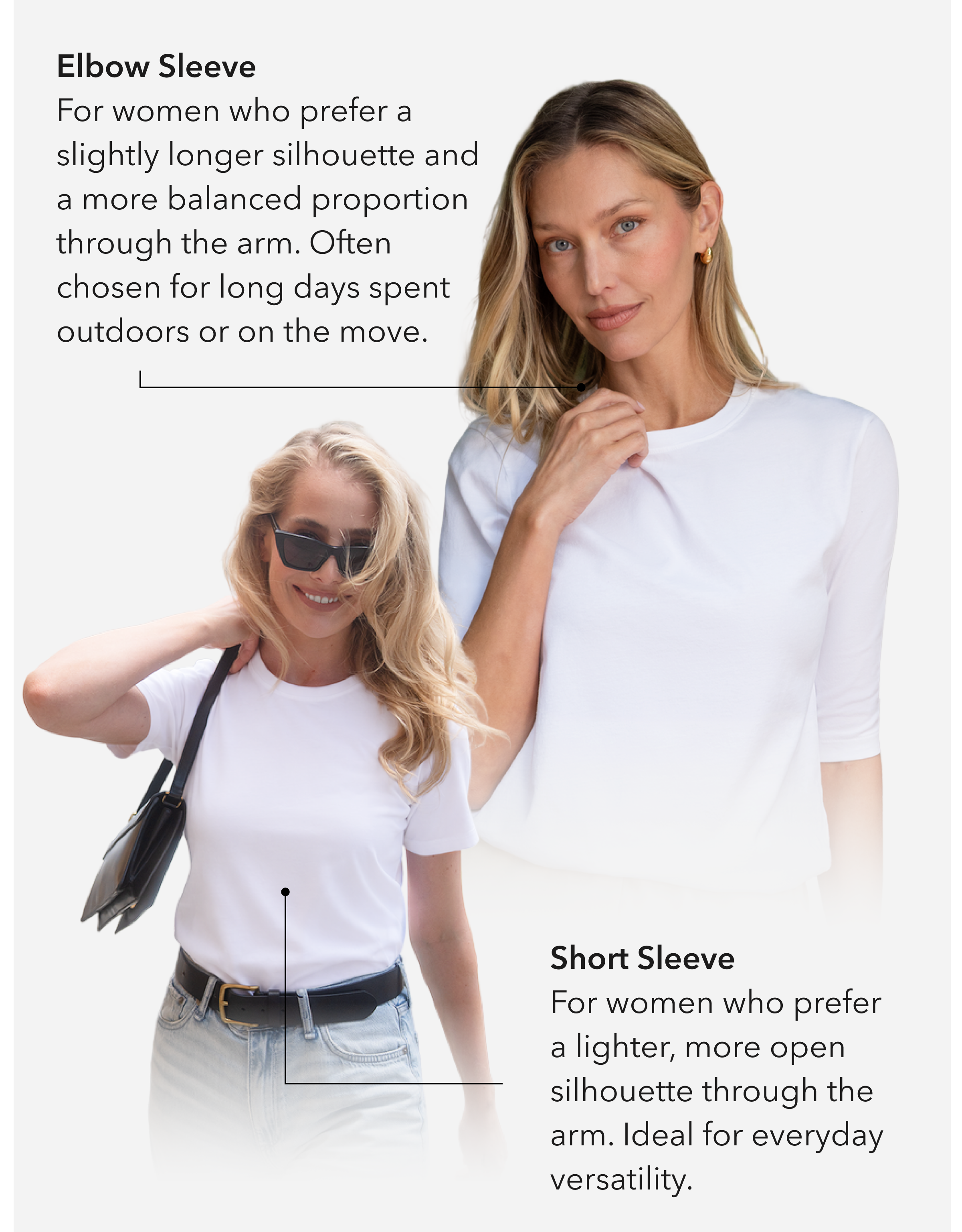 Elbow Sleeve  For women who prefer a slightly longer silhouette and a more balanced proportion through the arm. Often chosen for long days spent outdoors or on the move. 