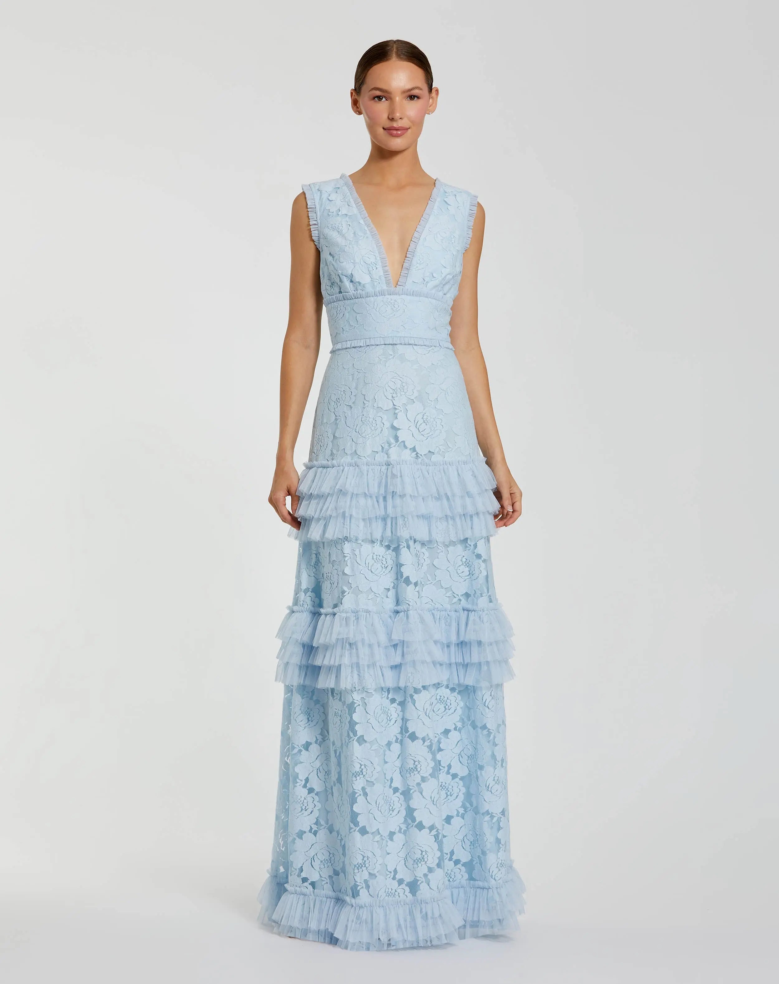 Image of Blue V Neck Lace Tiered Ruffle Gown