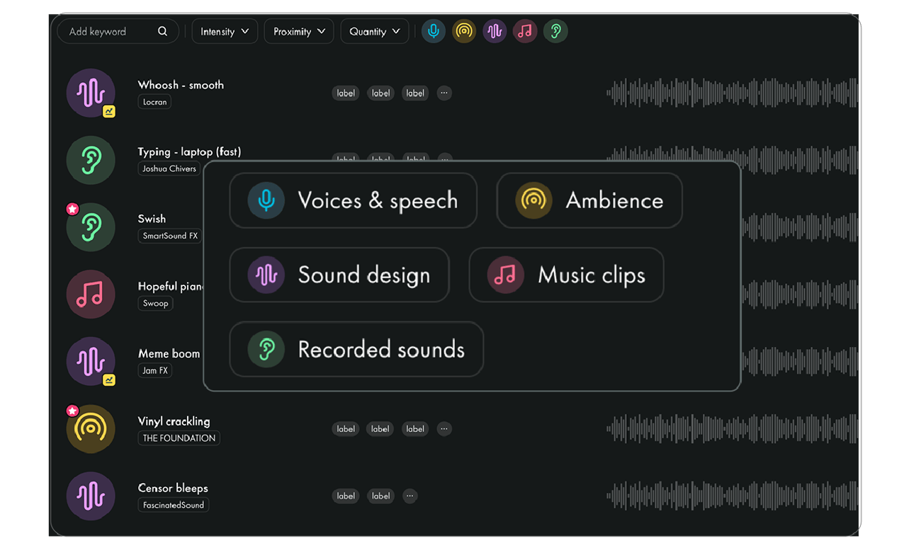 A picture of the expanded sound effect filters UI on Uppbeat