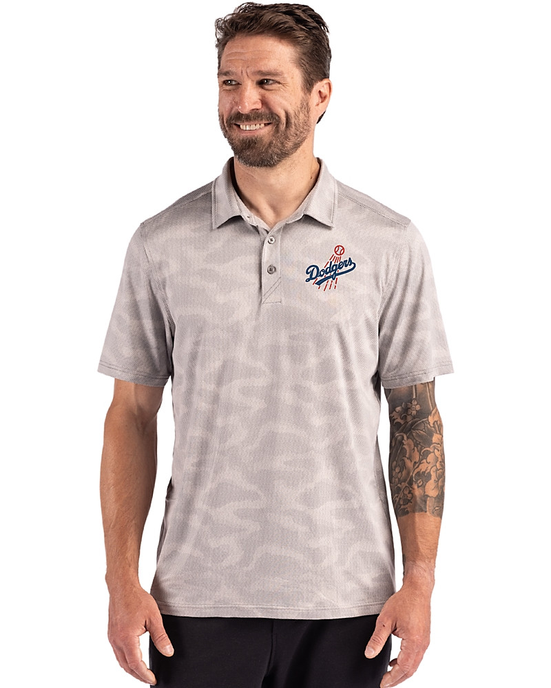 Image of Los Angeles Dodgers Cooperstown Cutter & Buck Coastline Recycled Double Peached Camo Print Mens Polo