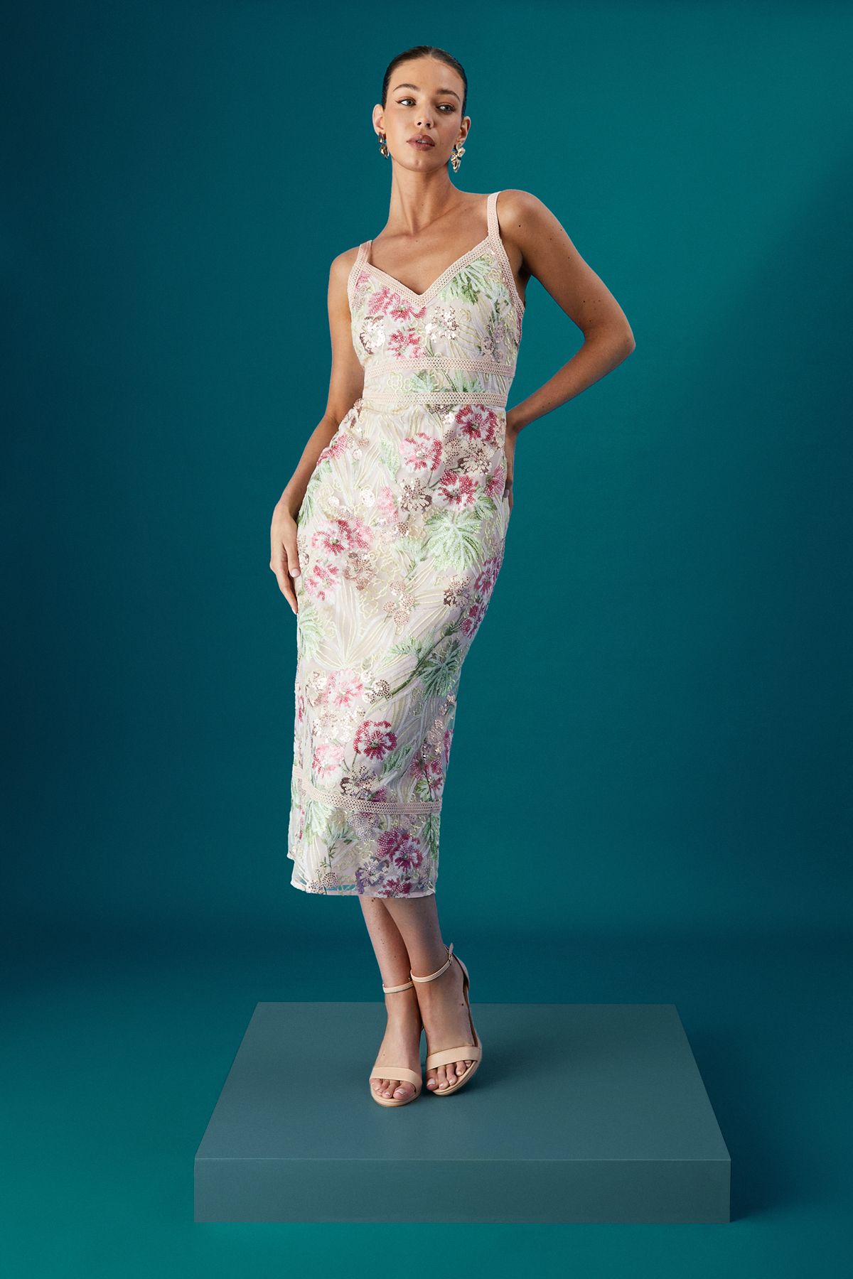 Coast Muse Floral Embellished V Neck Strappy Midi Dress