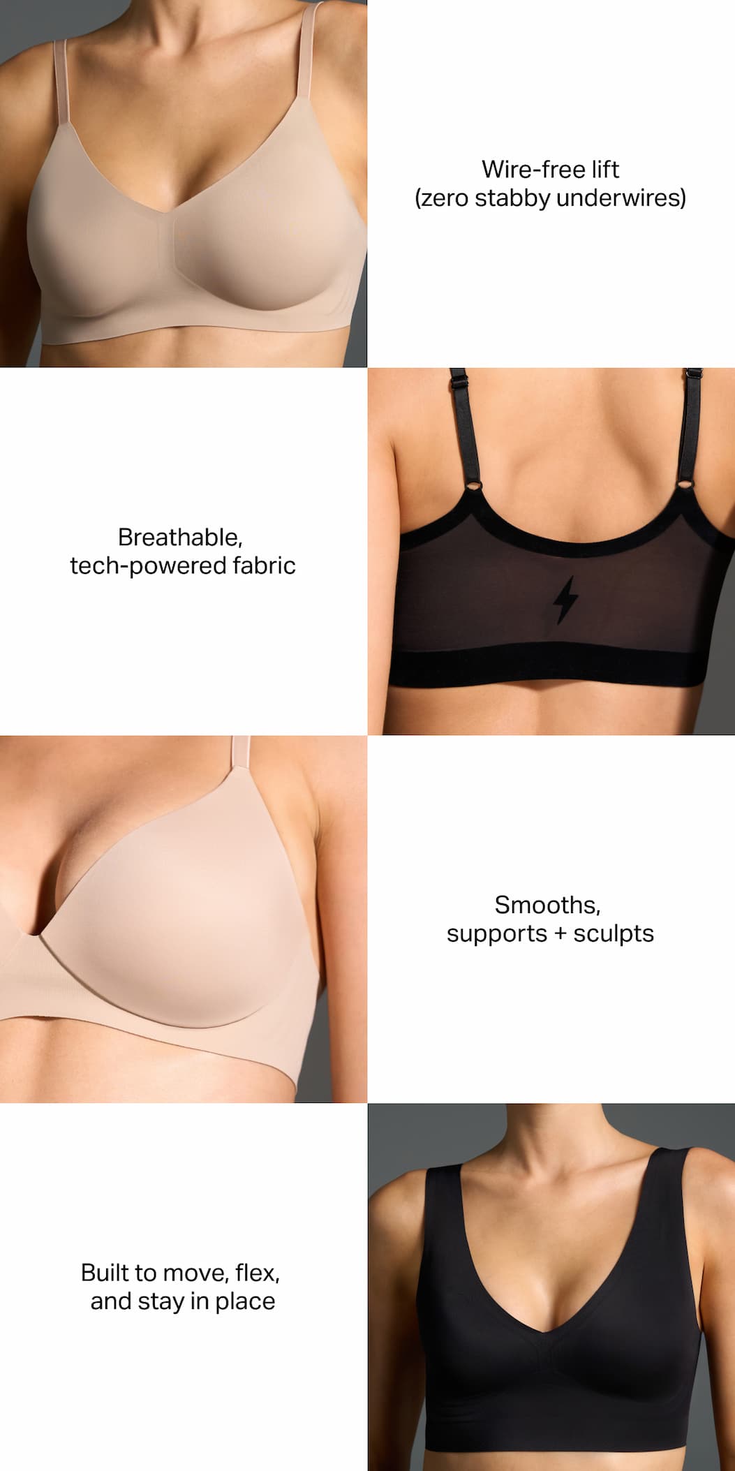 Wire-free lift, breathable tech-powered fabric