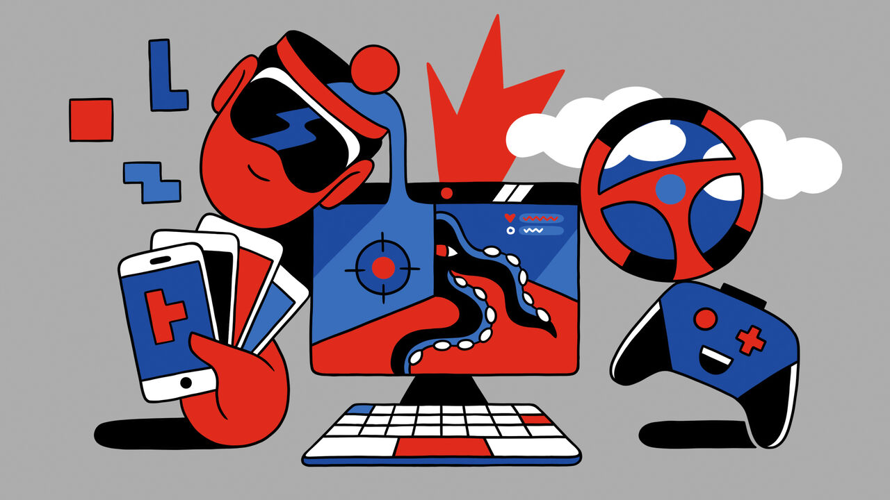 An illustration of a desktop computer showing a game with an octopus and a target. To the right is a steering wheel and games console, to the left is a hand holding a fan of smartphones like playing cards with tetris shapes falling down and a face wearing 