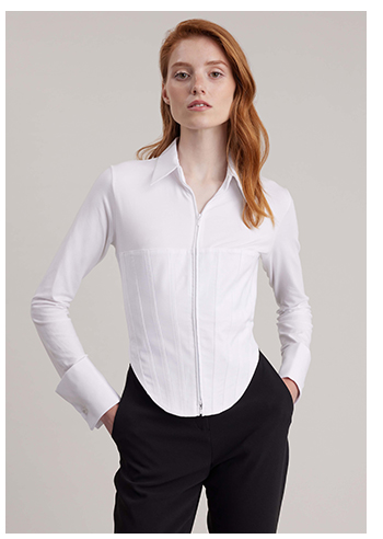 White Long Sleeve Zip Up Jersey Knit Shirt With Pique Corset Body