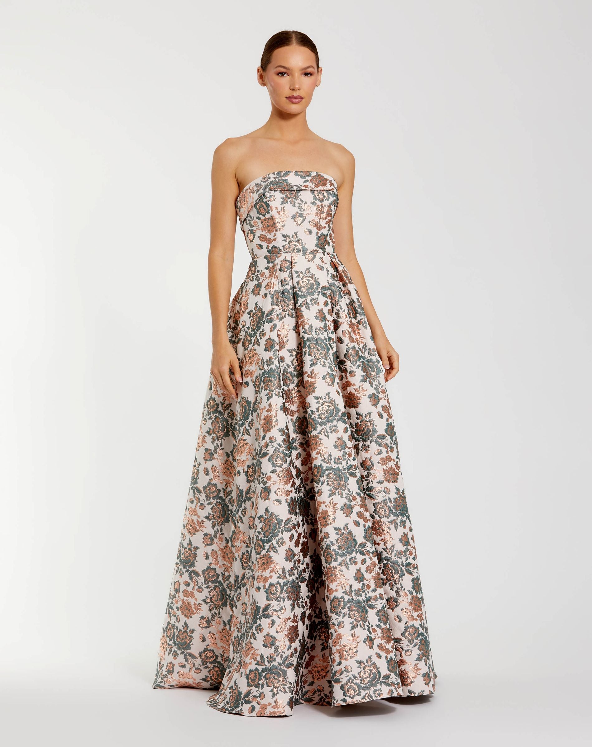 Image of Multicolor Strapless Floral Brocade Ball Gown