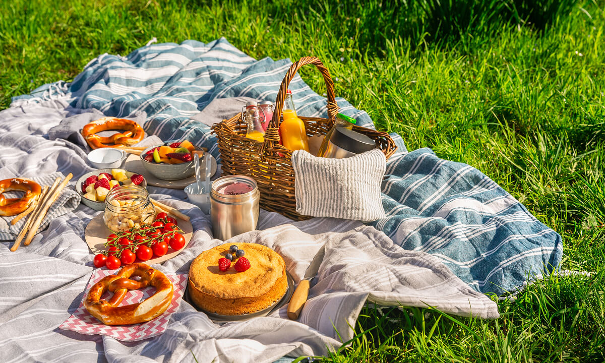 Overhead image of people having a spring picnic.