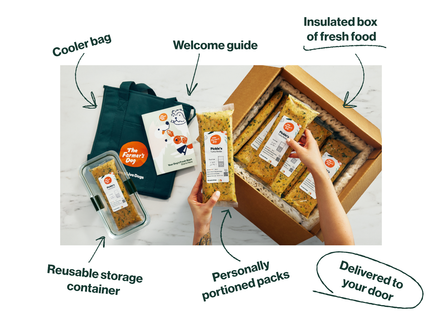 Cooler bag. Welcome guide. Insulated box of fresh food. Reusable storage container. Personally portioned packs. Delivered to your door