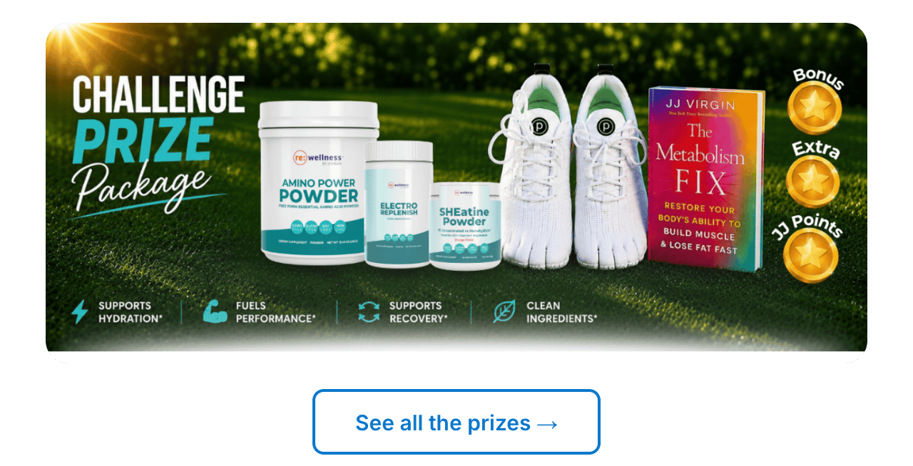 Challenge Prize Package: Amino Power Powder, Electro Replenish, and SHEatine Powder supplement containers, a pair of white Peluva shoes, and JJ Virgin's "The Metabolism Fix" book displayed on grass, with icons for Bonus, Extra, and JJ Points. Supports hydration, fuels performance, supports recovery, clean ingredients.