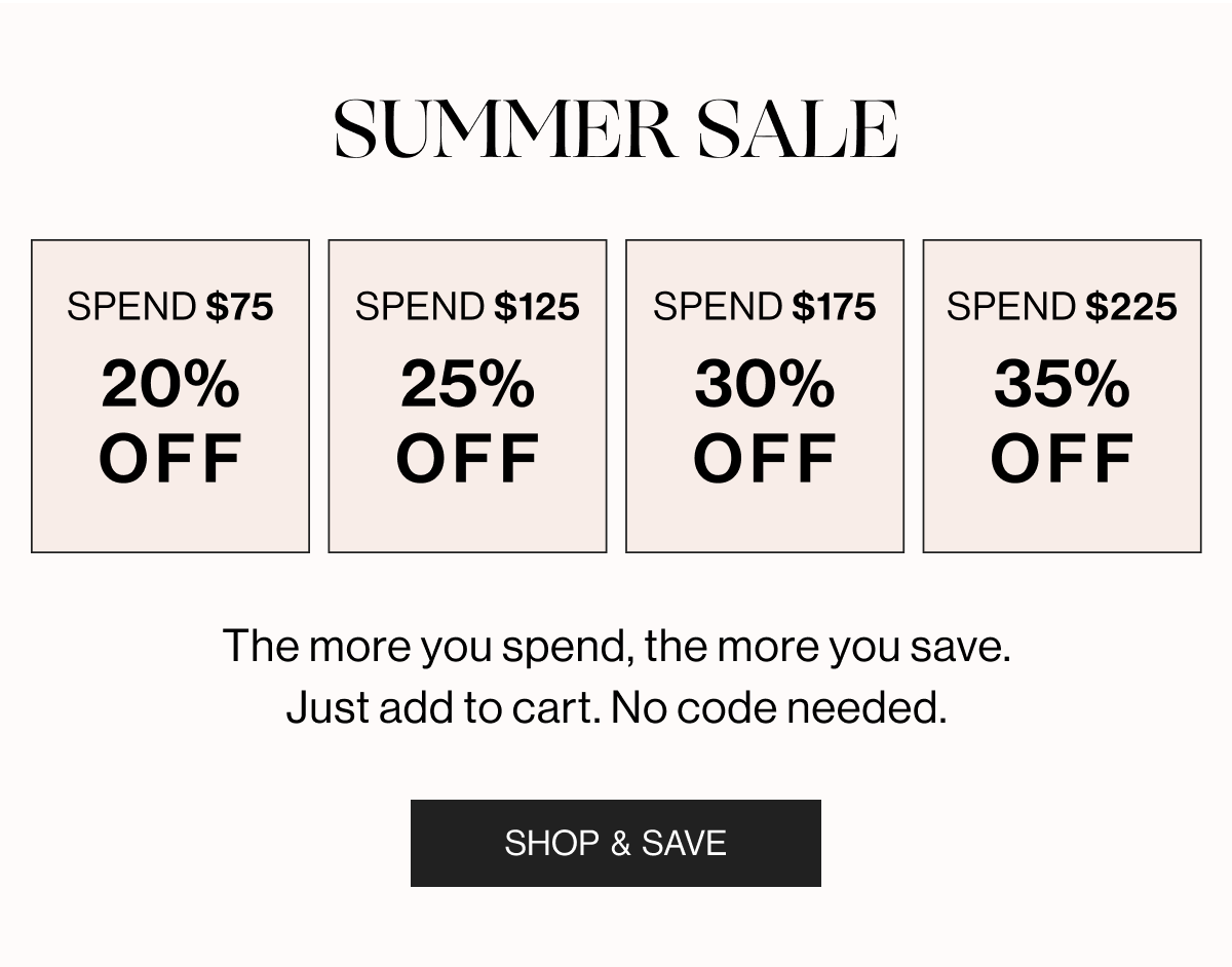 Summer Sale- Spend $75 20% Off- Spend $125 25% Off - SPend $175 30% Off - Spend $225 35% Off - The more you spend, the more you save. Just add to cart. No code needed. - Shop & Save