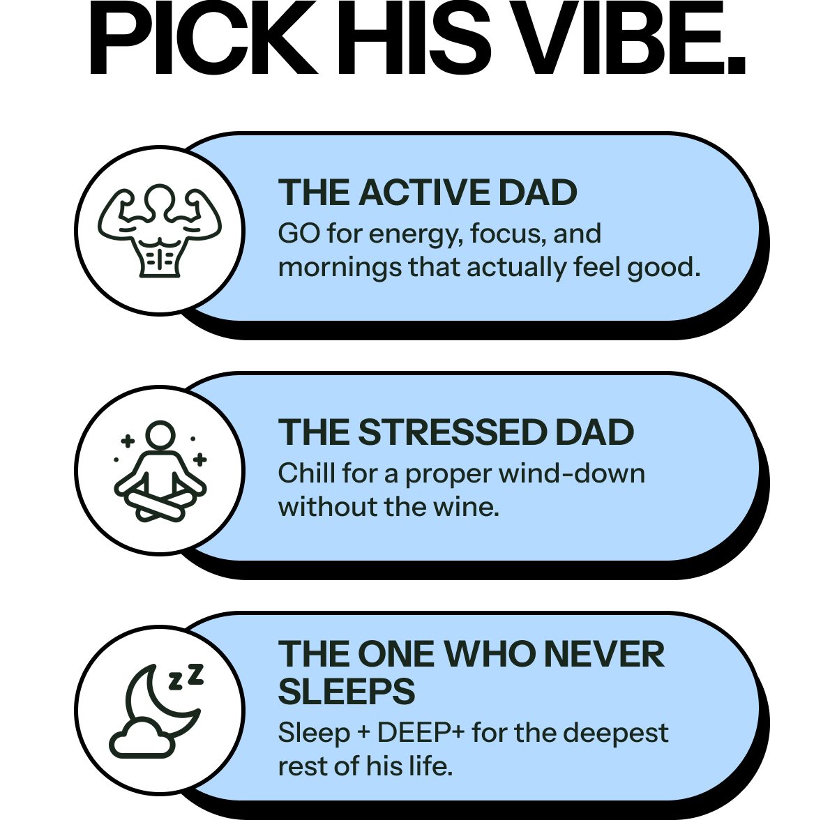 Text options for different dad vibes: active, stressed, and one who never sleeps.