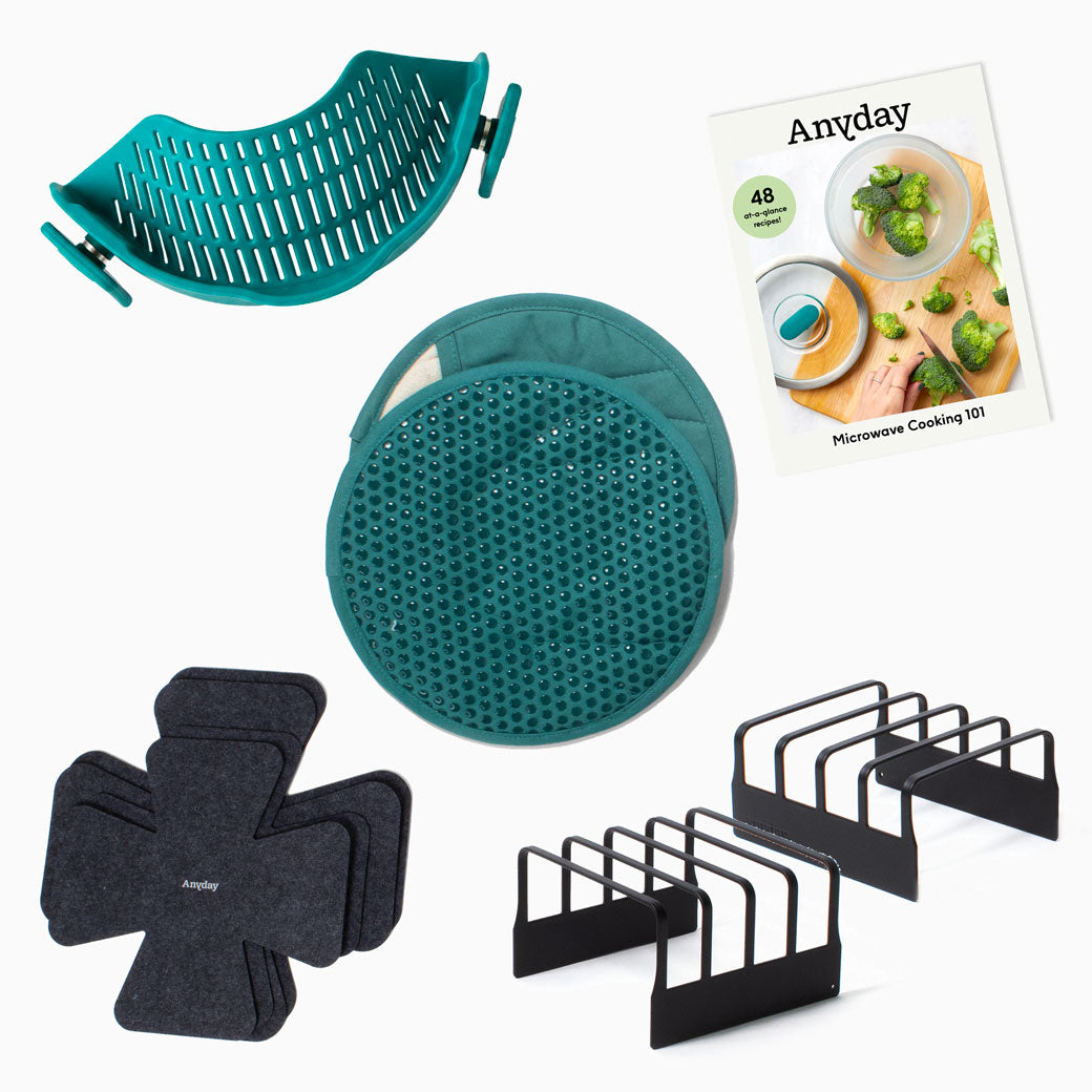 Accessory Bundle including the Clip-On Strainer, Anyhand Mitts, Cookbooklet, Dish Protectors, and Lid Organizers