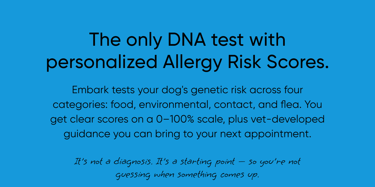The only DNA test with personalized Allergy Risk Scores. Embark tests your dog's genetic risk across four categories: food, environmental, contact, and flea. You get clear scores on a 0–100% scale, plus vet-developed guidance you can bring to your next appointment. It's not a diagnosis. It's a starting point — so you're not guessing when something comes up.