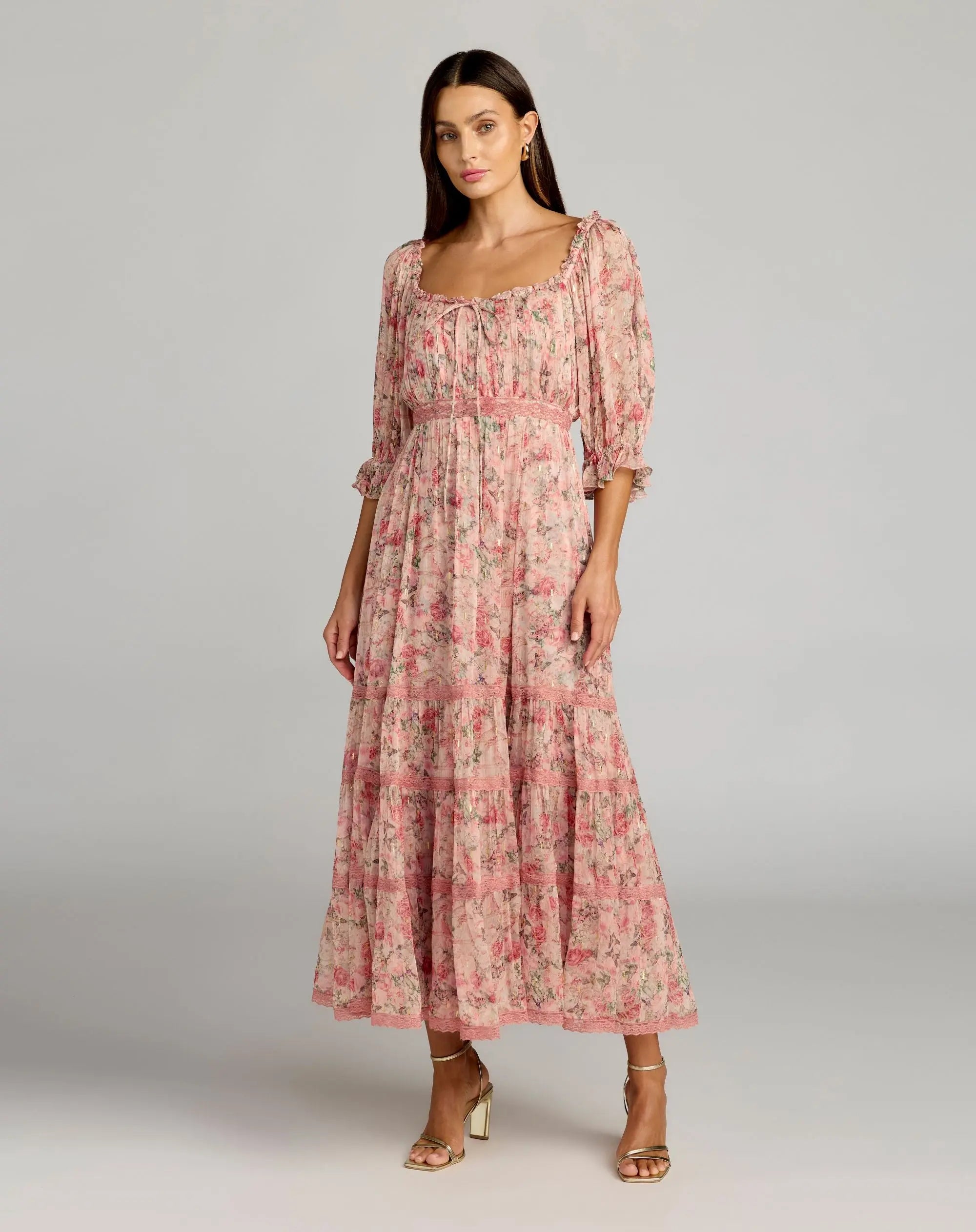 Image of Pink Floral Scoop Neck Midi Dress With 3/4 Sleeves