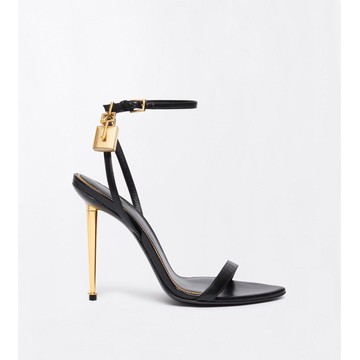 SHINY LEATHER PADLOCK POINTY NAKED SANDAL: BLACK