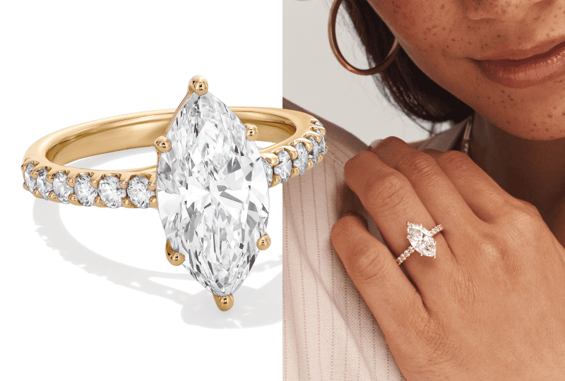 Marquise cut diamond ring in yellow gold with pavé band, shown on model and close up.