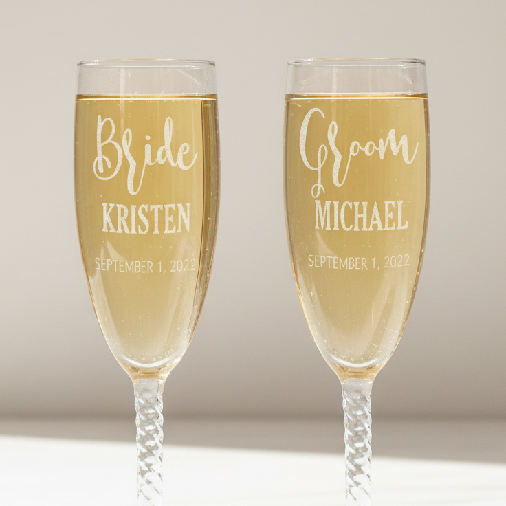 Personalized Wedding Champagne Flute Set engraved for the couple.