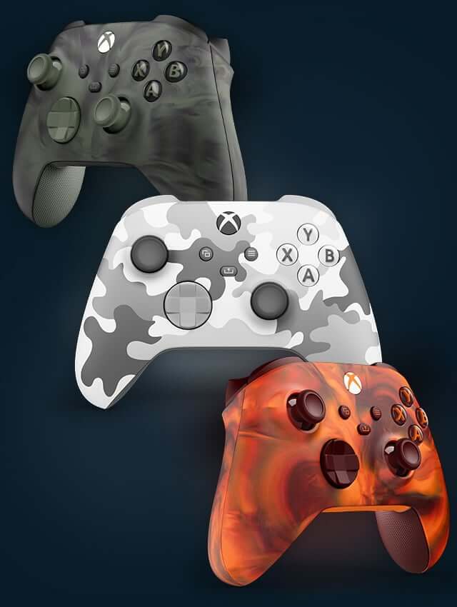 Images of the Nocturnal Vapor, Arctic Camo, and Fire Vapor Xbox Wireless Controllers.